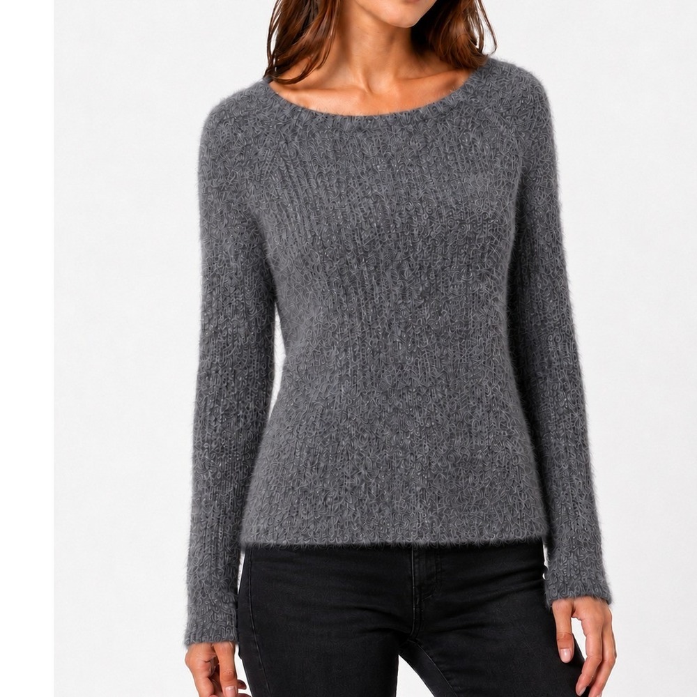 Milanta Fashion Gray Fuzzy Knit Mohair Wool Boat Neck Sweater Pullover Small S/M